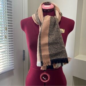 100% Superfine unisex acrylic tan/black and white stripe scarf. Used
